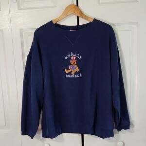 Vintage Hanes Her Way Blue God Bless America Embroidered Sweatshirt SZ XXL Bear